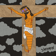 a cartoon of jesus hanging on a cross with shrimpin written on the bottom