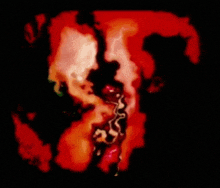 a painting of a person 's face with a black background and red spots