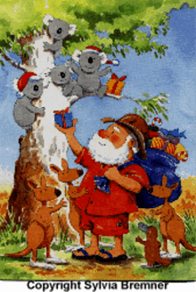 a painting of santa claus surrounded by kangaroos and koala bears