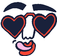 a cartoon face wearing heart shaped sunglasses with a tongue sticking out