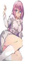 a pink haired anime girl with glasses is kneeling down