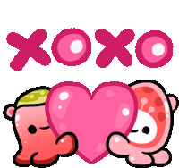 a couple of cartoon characters holding a heart with the word xoxo written above them