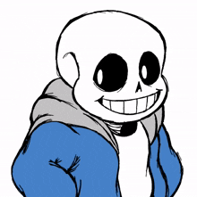 a black and white drawing of a skeleton wearing a blue jacket