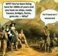 a cartoon shows a man talking to a native american