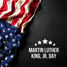 a poster for martin luther king jr. day with an american flag in the background