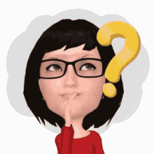 a woman wearing glasses has a question mark on her head