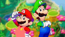 mario and luigi are standing next to each other in front of flowers