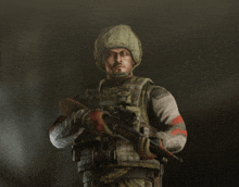 a soldier with a helmet on holds a gun