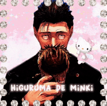 a man with a hello kitty and the name higuruma de minki on it