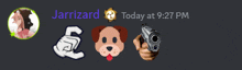 a screenshot of jarrizard today at 9:27 pm with a dog and a hand pointing a gun