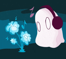 an illustration of a ghost wearing headphones with flowers in the background