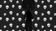 a cartoon character with red eyes is standing in front of a skull pattern