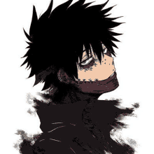 a drawing of a boy with black hair and a scarf around his face .