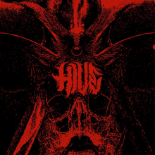 a black and red drawing of a demon with the word aug written on it