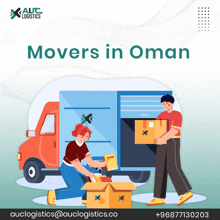 an advertisement for auc logistics shows a man and woman loading boxes into a truck