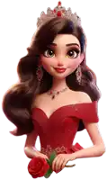 a cartoon girl wearing a red dress and a tiara holds a red rose