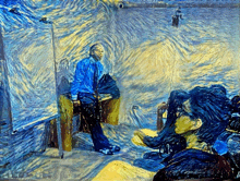 a painting of a man in a blue shirt standing next to a woman in glasses