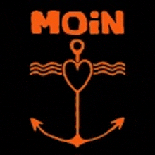 an orange anchor with a heart and the word moin on a black background