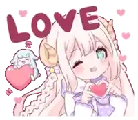 a girl with horns is holding a heart and says love