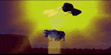 a cow is jumping over a cliff while a bird flies overhead