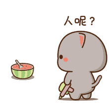 a cartoon of a cat holding a marker standing next to a bowl of watermelon