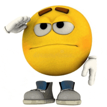 a 3d rendering of a smiley face with arms and legs saluting