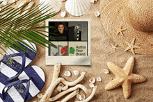 a beach scene with flip flops seashells and a polaroid that says author your brand on it