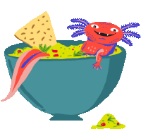 a cartoon illustration of an axolotl sitting in a bowl of guacamole