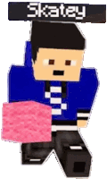 a minecraft character is holding a pink block and has the name skatey above him .