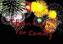 a fireworks display with the words thank you for coming written in red