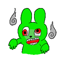 a green cartoon rabbit with red eyes and a swirl around its head .