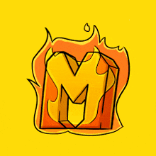 a cartoon drawing of a letter m on fire