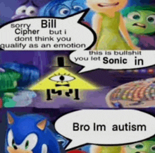 a cartoon of bill cipher talking to sonic