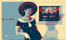 a woman in a hat stands in front of a screen that says the sales factory