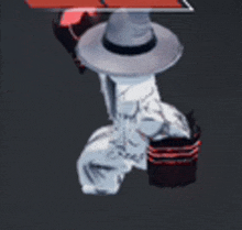 a cartoon character wearing a hat and gloves is holding a bucket .