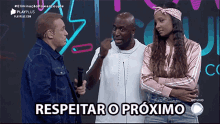 a man and a woman are standing next to each other with the words " respeitar o proximo " on the bottom right