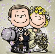 a cartoon of a bride and groom with the words so exciting written below them .