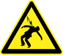 a yellow and black triangle sign with a silhouette of a person being electrocuted