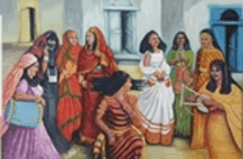 a painting of a group of women in traditional clothes