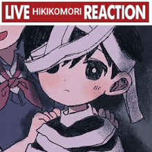 a drawing of a boy with a bandage on his head and the words " live hikikomori reaction " above him