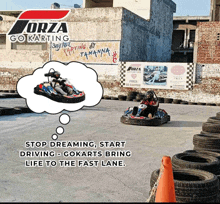 an ad for forza go karting shows two people riding go karts on a track