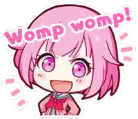 a cartoon girl with pink hair and purple eyes is standing in front of a sign that says womp womp .