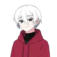 a boy with white hair and a red hoodie