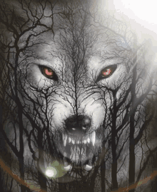 a wolf with red eyes is surrounded by trees in a dark forest