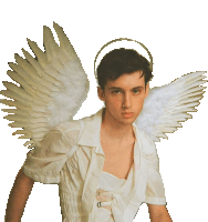 a young man wearing angel wings and a halo