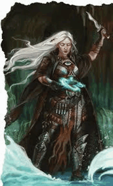 a woman with long white hair is standing in a river holding a sword and a torch .