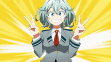 a girl with blue hair and a red tie giving a peace sign