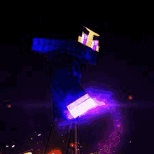 a minecraft character is standing in the dark with a purple light coming out of his hands .