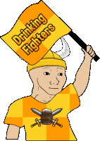 a man in a yellow shirt is holding a yellow sign that says drinking fighters