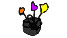 a drawing of a black object with three colorful hearts coming out of it